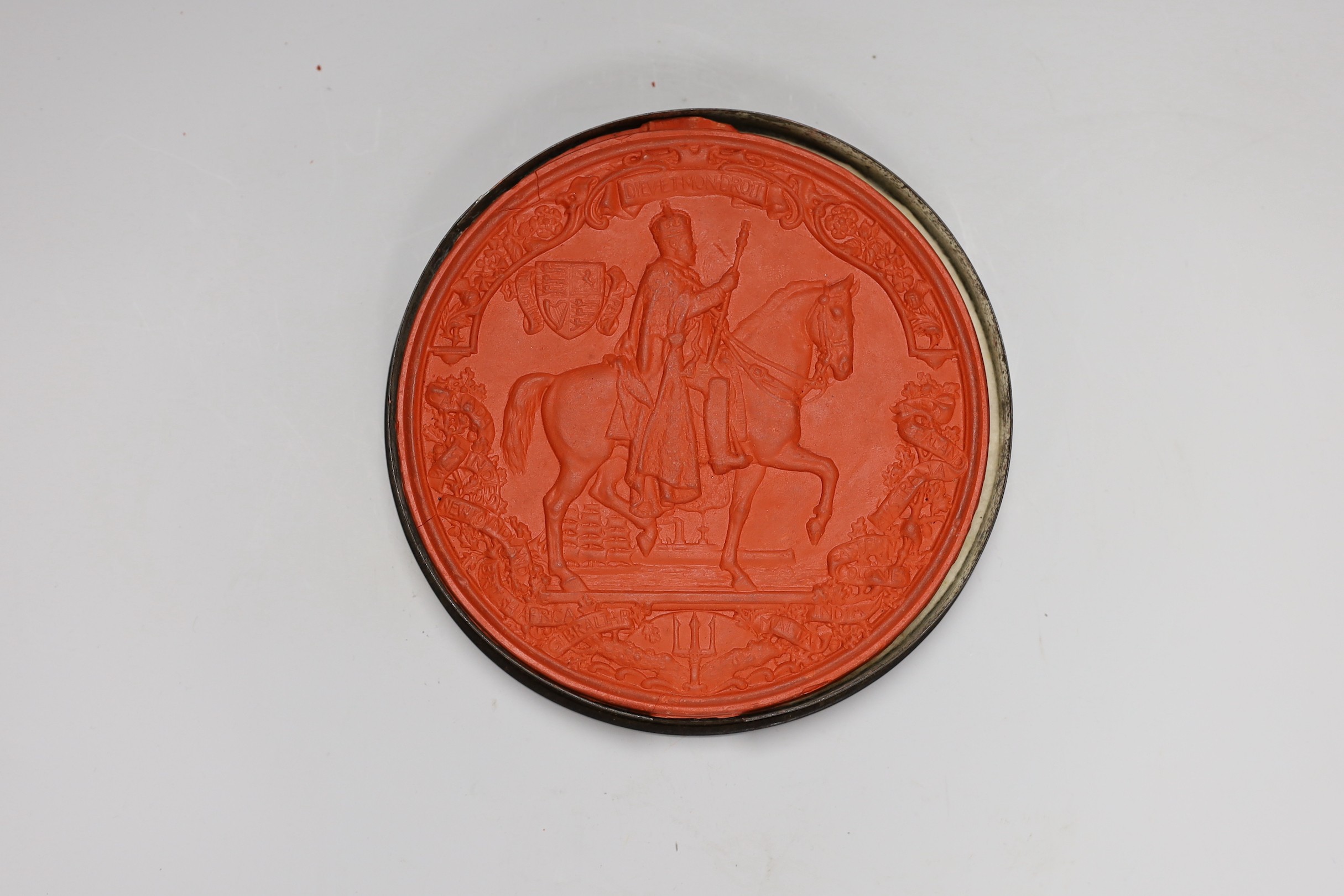 A cased Edward VII red wax Great Seal. 16cm diameter